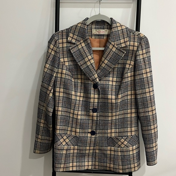Pendleton Jackets & Blazers - Vintage 70s Young Pendleton Wool Tartar Plaid Cream Blue Blazer Women Size 11/12